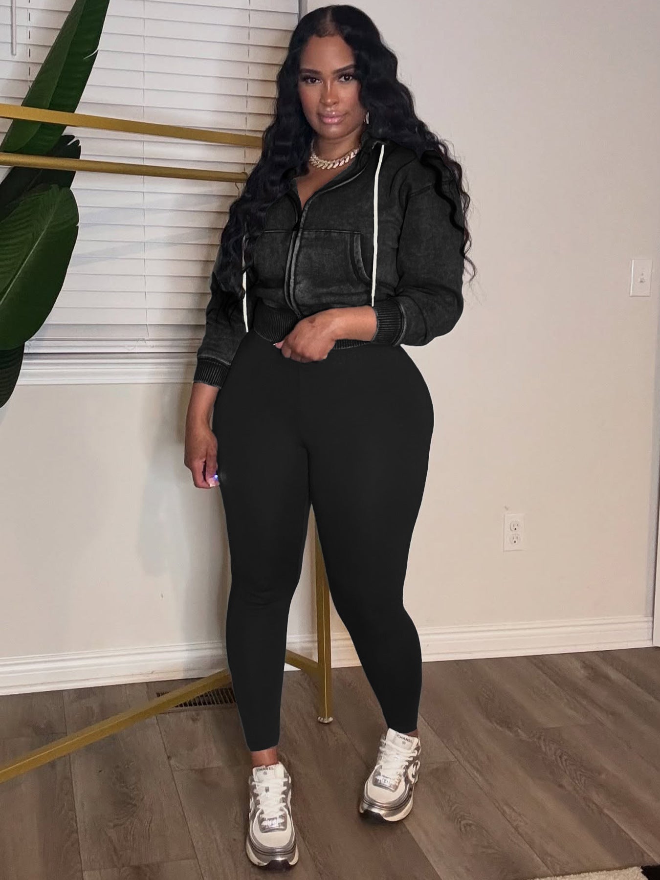 Fashion Women's Washed Zipper Hooded Top Yoga Pants Sport Casual Two-Piece Set 14