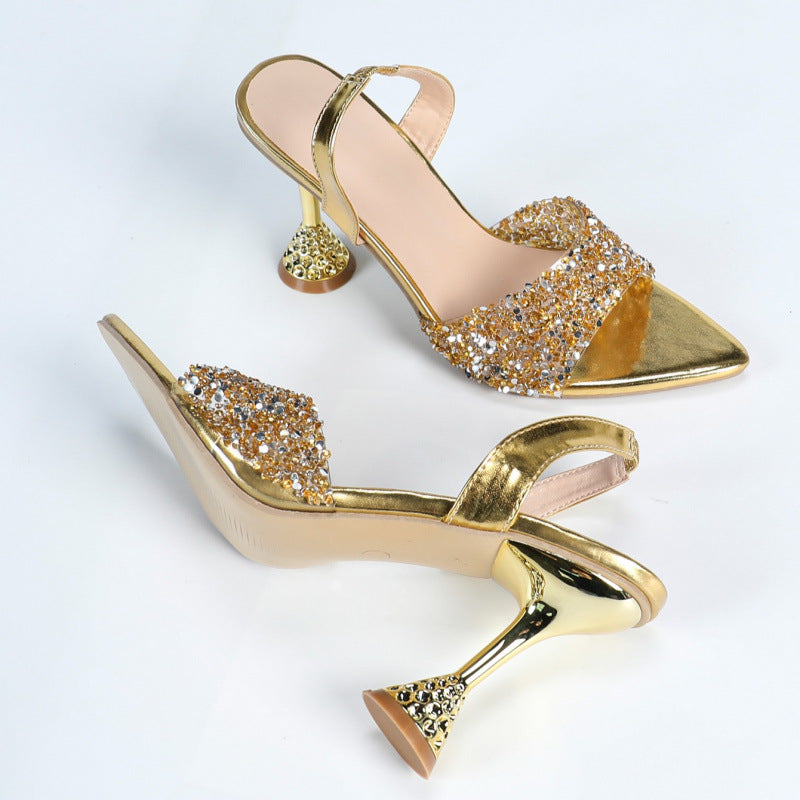 Women Gorgeous Gold Rhinestone Pointed Open-Toe Stiletto Sandals 6
