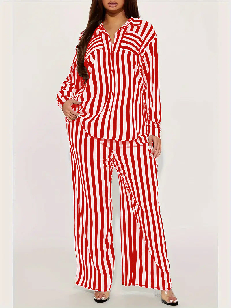Women's Fashion Casual Long Sleeve Striped Shirt Pants Loose Two-piece Set 3