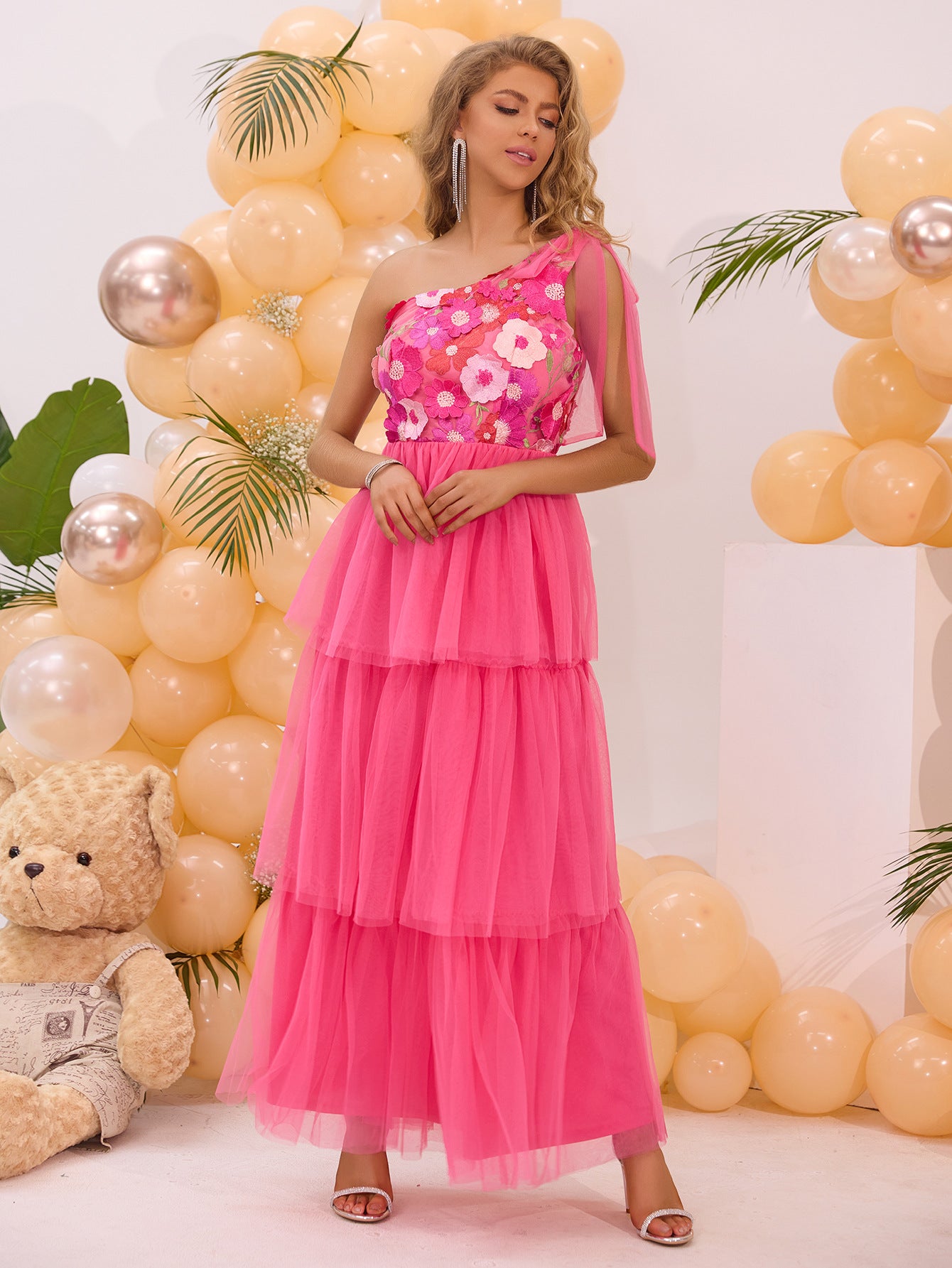 Rose Red One Shoulder Embroidery Summer Party Long Dress