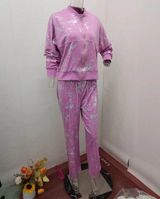 Women summer sequin print zipper casual top and pant two-piece set 13