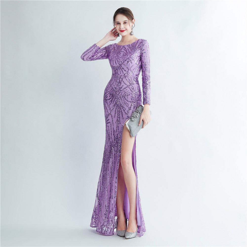 Women Sequin Long Sleeve Slit Evening Dress 6