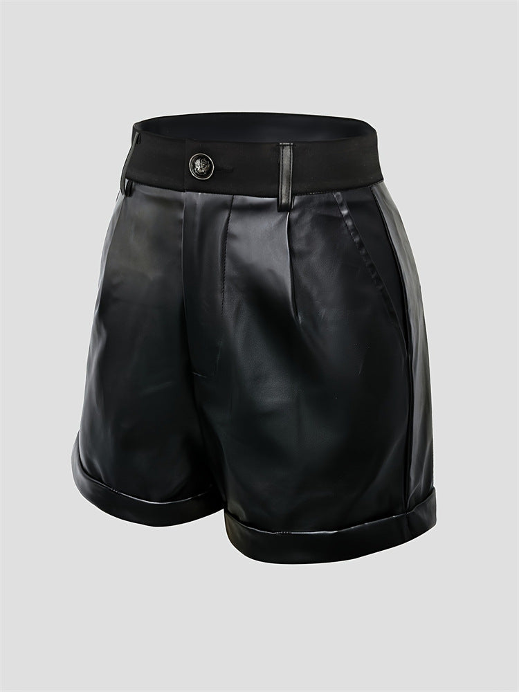 High-Waist Button-Decorated Pocket PU Leather Shorts 4