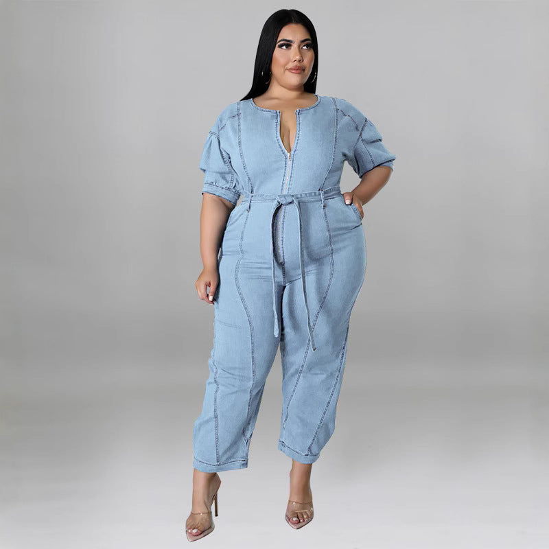 Plus Size Women summer short-sleeved zipper Denim Jumpsuit
