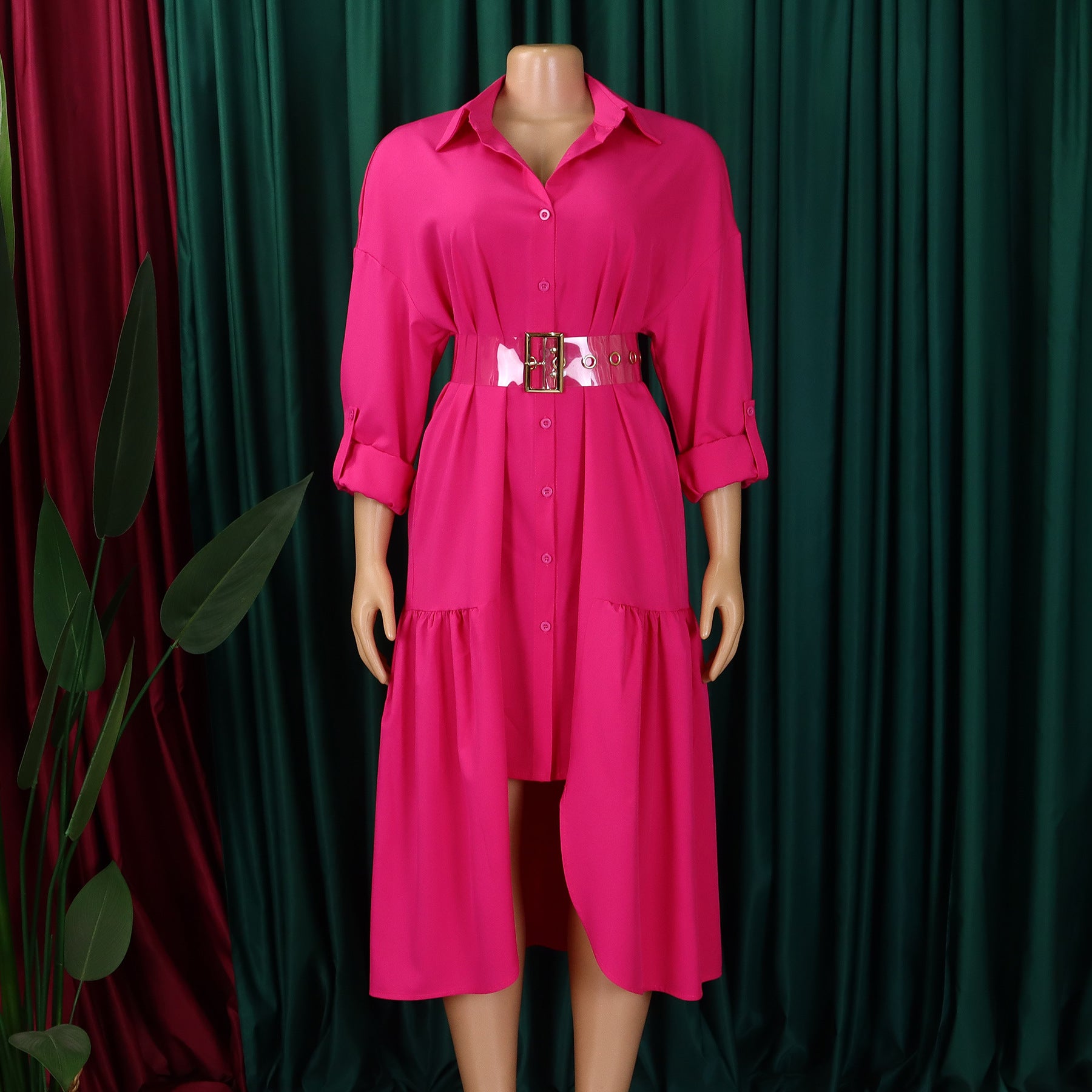 Women's Turndown Collar Solid Color Fashion Loose Casual Button Irregular Shirt Dress 18