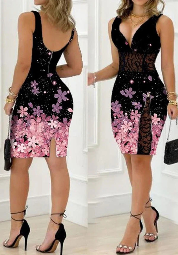 Women Sleeveless V-neck Printed Slit Lace Bodycon Dress