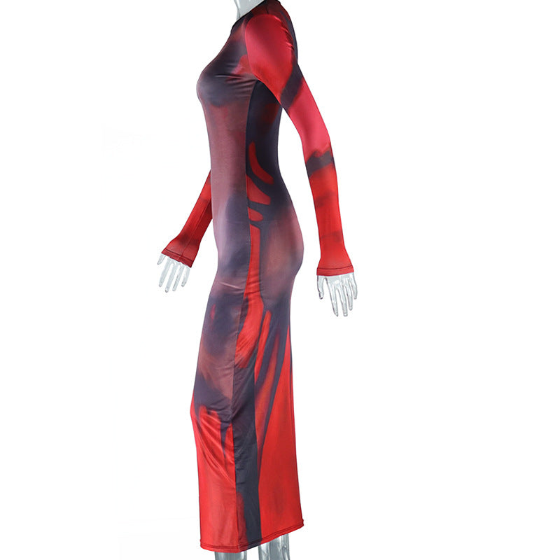 Trendy Women Street Fashion Printed Round Neck Pullover Long Sleeve Bodycon Casual Dress 10