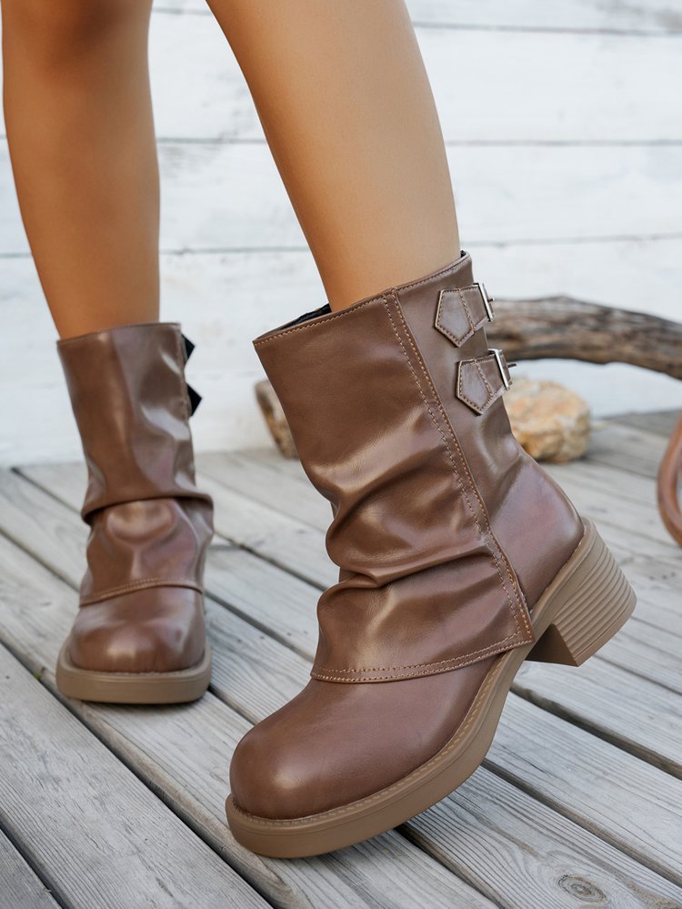 Stylish Brown Mid-Calf Boots with Chunky Sole Fashion Shorts for Women