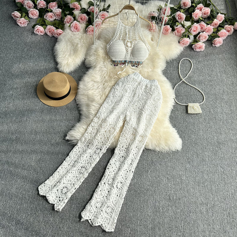 Sexy suspenders Halter Neck vest women's summer suit high waist hollow trousers two-piece set 4