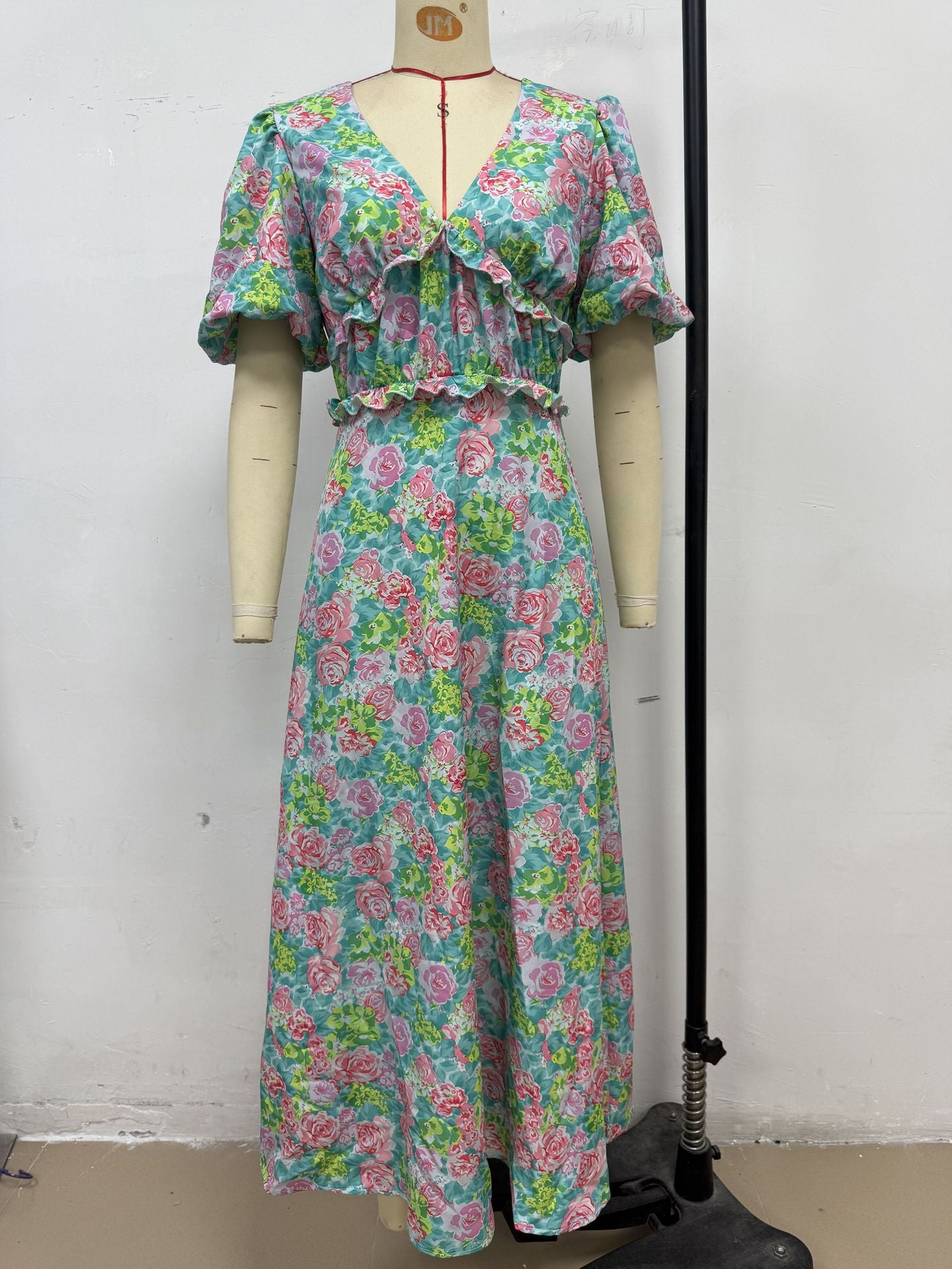 Summer Puff Sleeve V-Neck Print Dress 7