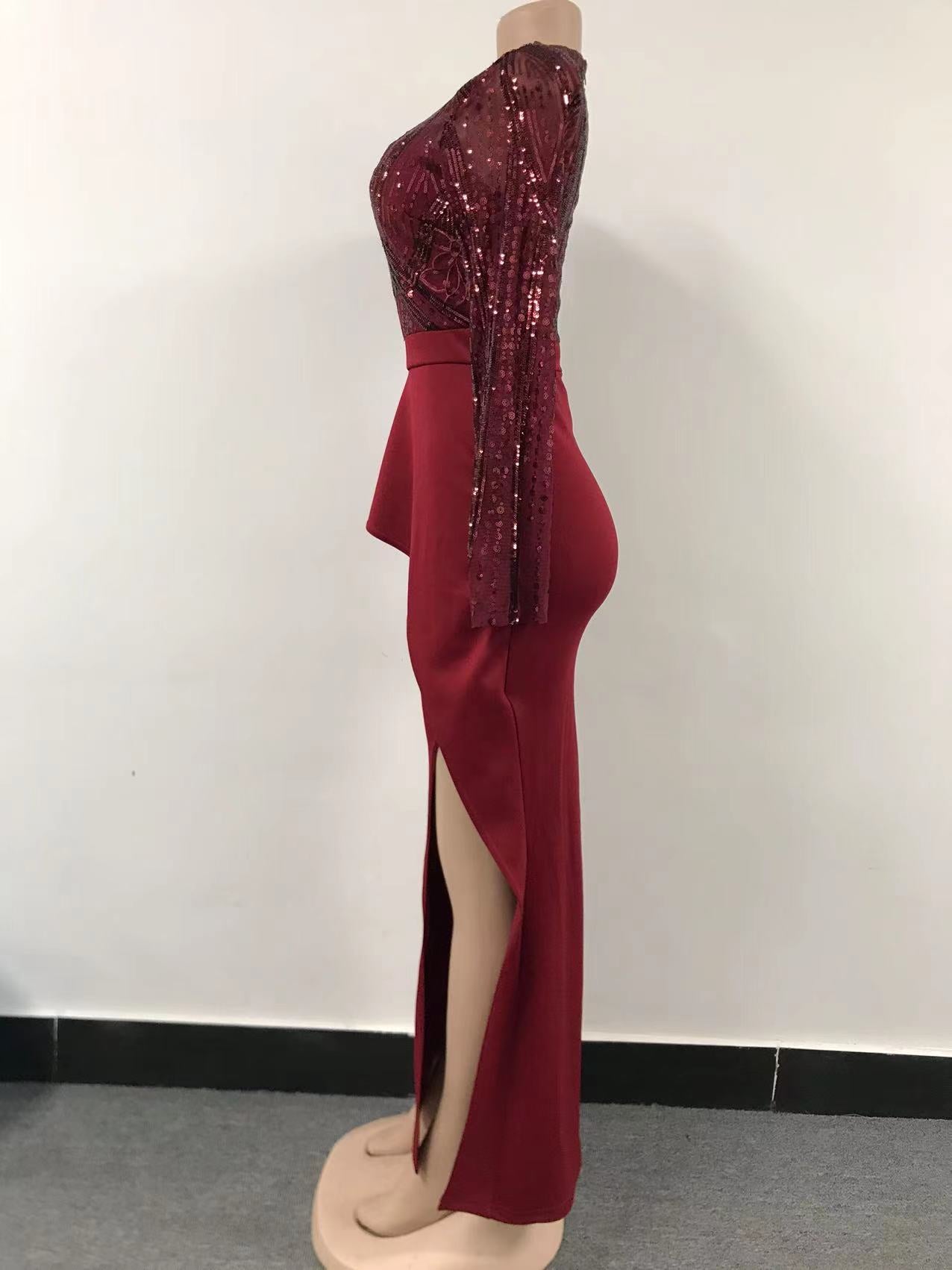 Women Elegant Long Sleeves Sequins Slit Evening Dress 19
