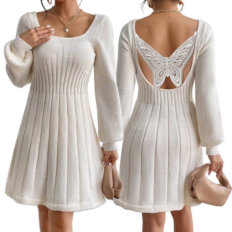 Women Butterfly U-Neck Long Sleeve Sweater Dress