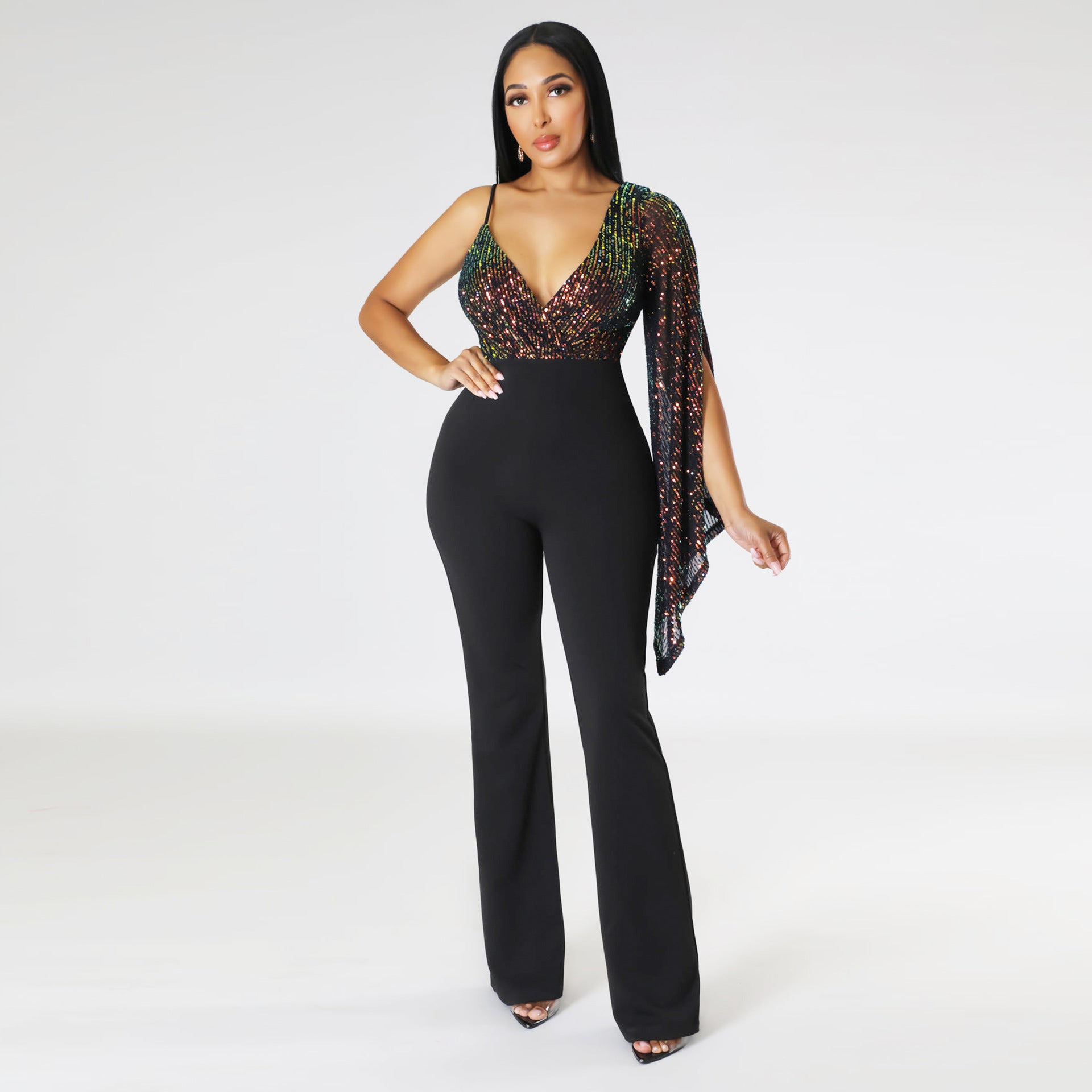 Trousers Sequined V-neck Strapless One Shoulder Cape Sexy Nightclub Jumpsuit 7