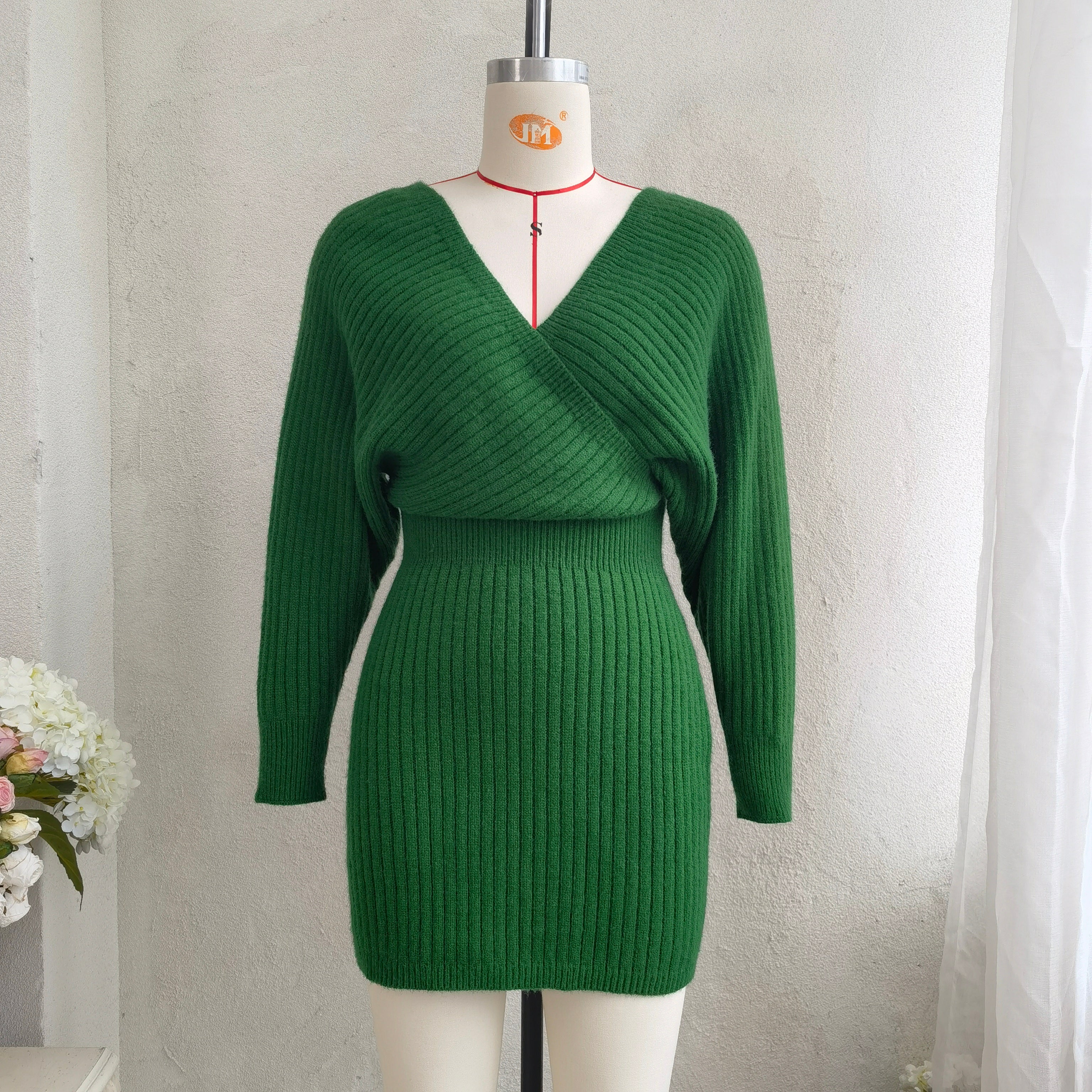 Fall/Winter Sexy Cross V-Neck Bat Skirt Bodycon Dress Sweater Dress 11