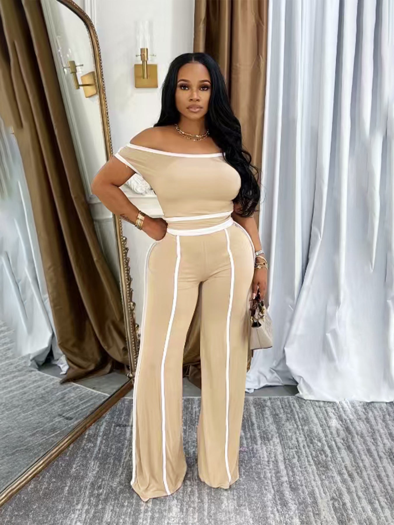 Women Summer Casual Off Shoulder Top and Long Pants Two Piece Set 3