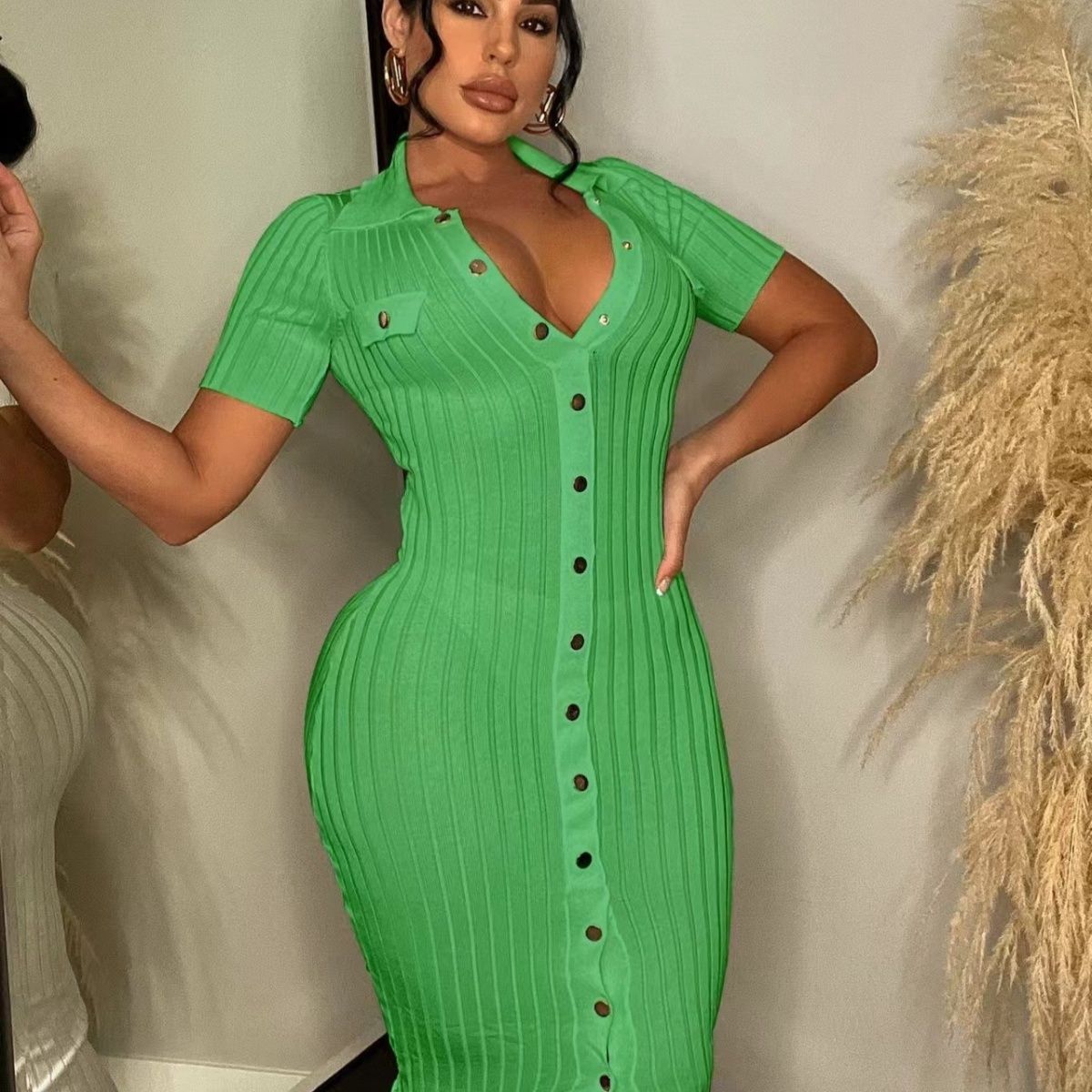 Summer Slim V-Neck Knit Dress Short Sleeve Casual Sweater Dress 4