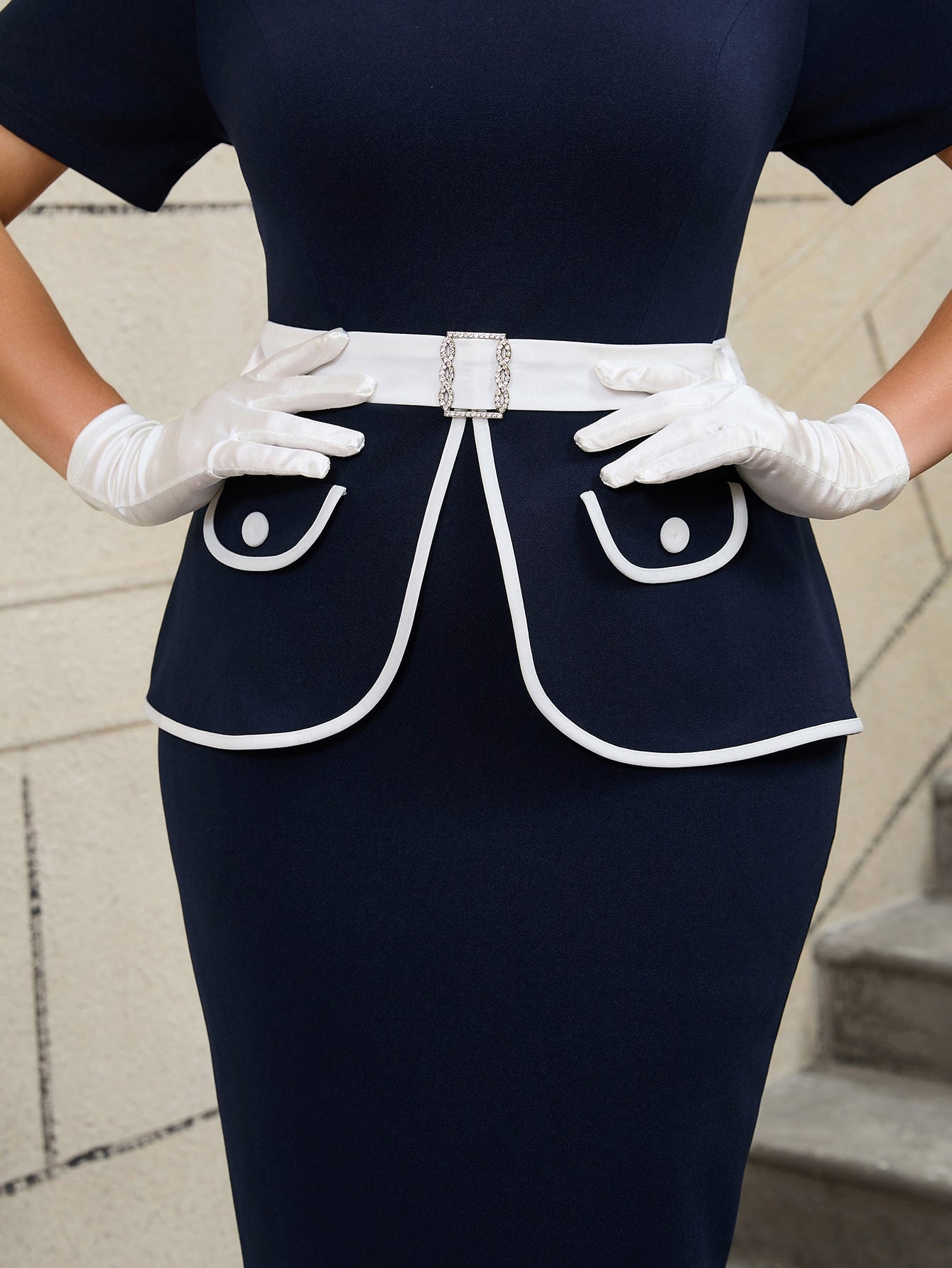 Women Round Neck Bodycon Waist Button Ruffle Dress 8