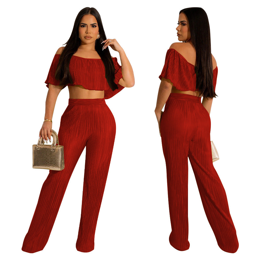 Women's Pleated Ruffle Off Shoulder crop top Wide Leg Pants two piece Set 4