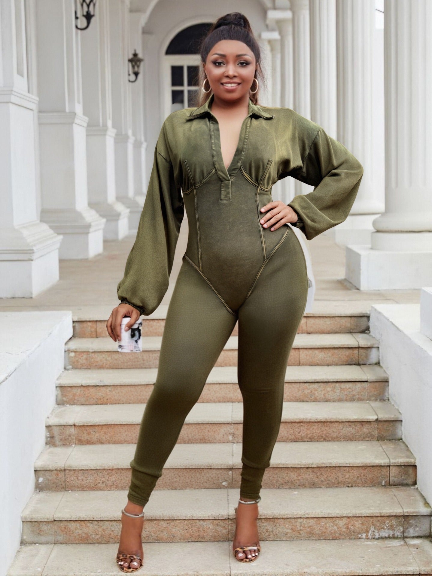 Plus Size Fashion Women Denim Washed Sexy Deep V Tight Fitting Long Sleeve Jumpsuit 12