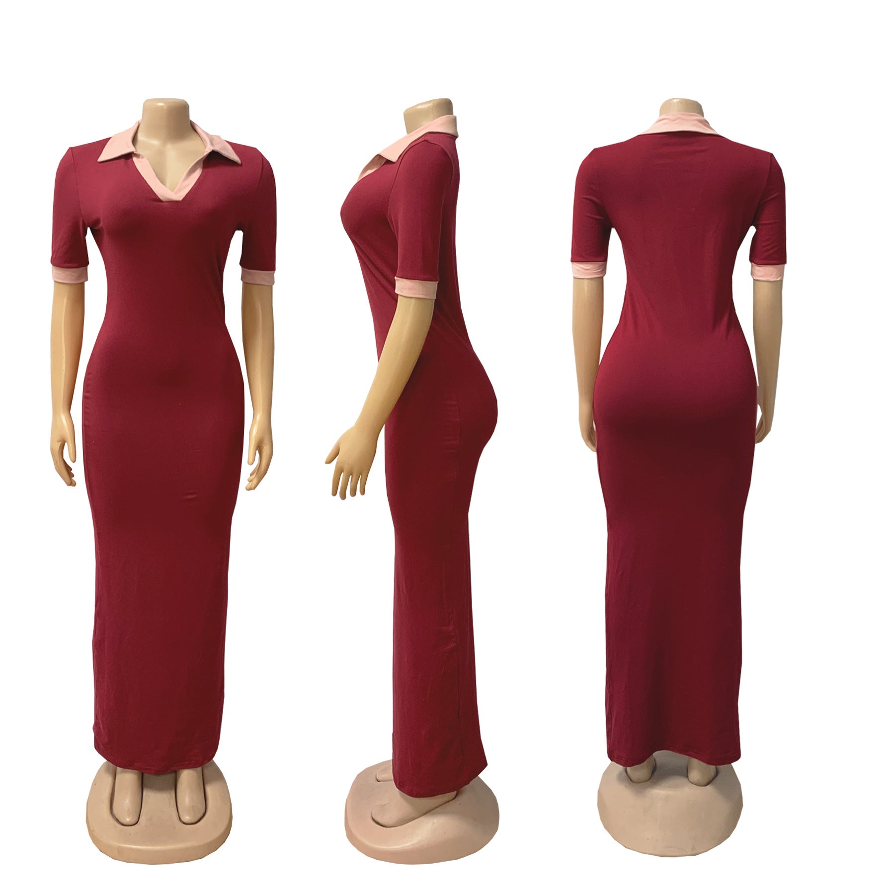 Female Turndown Collar Short Sleeve Slim Fit Long Dress 18