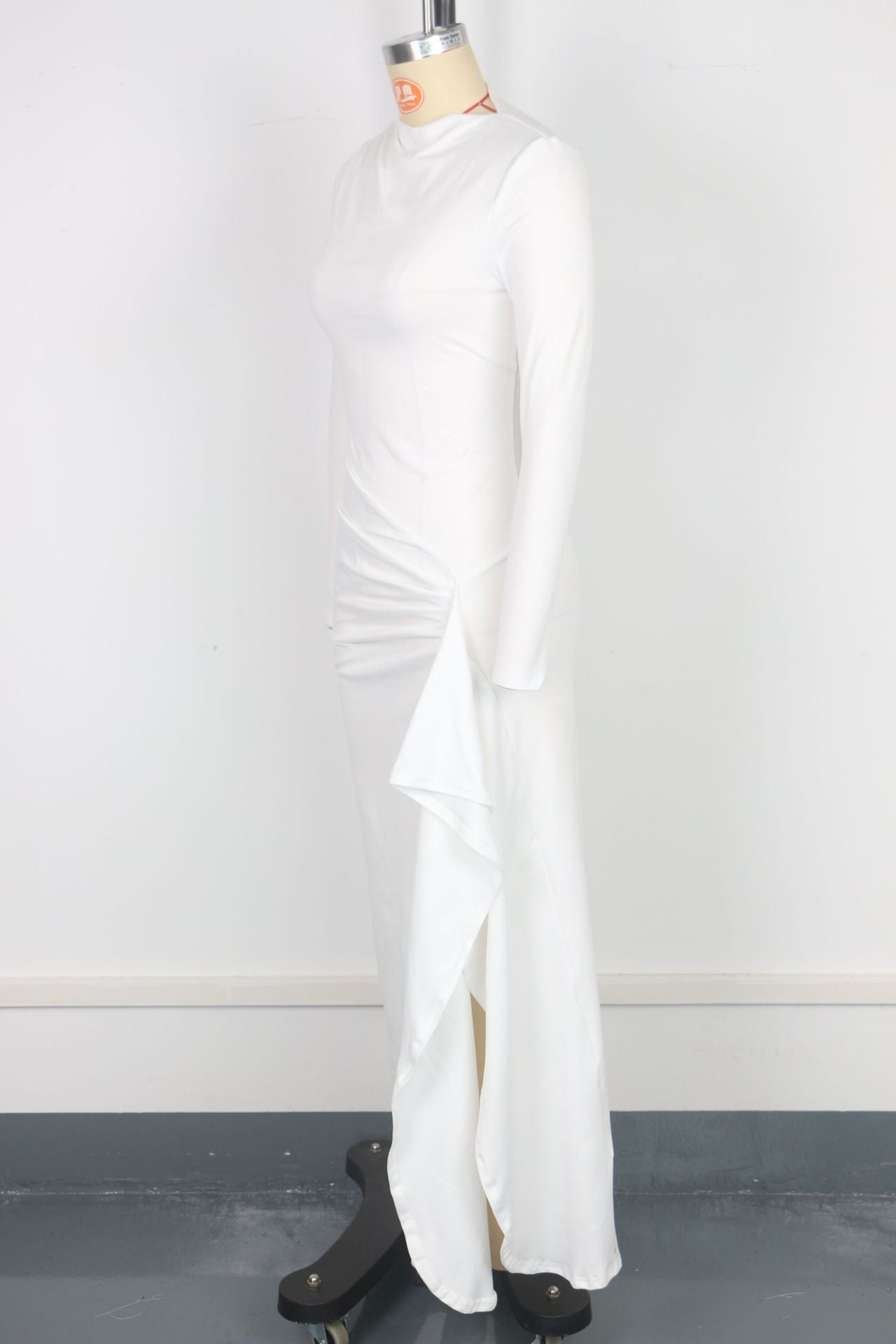 Women elegant Slash Shoulder collar pleated high collar long sleeve irregular slit dress 9