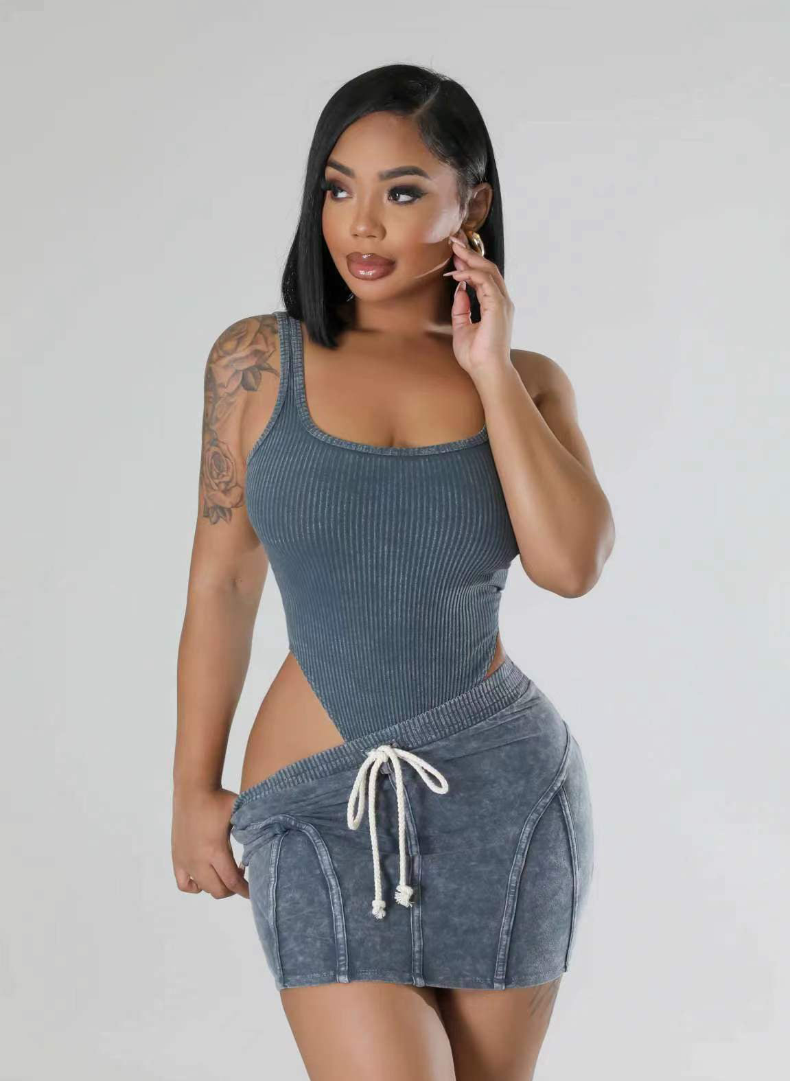 Women's Ribbed Washed Fashion Casual sleeveless bodysut and skirt set 4