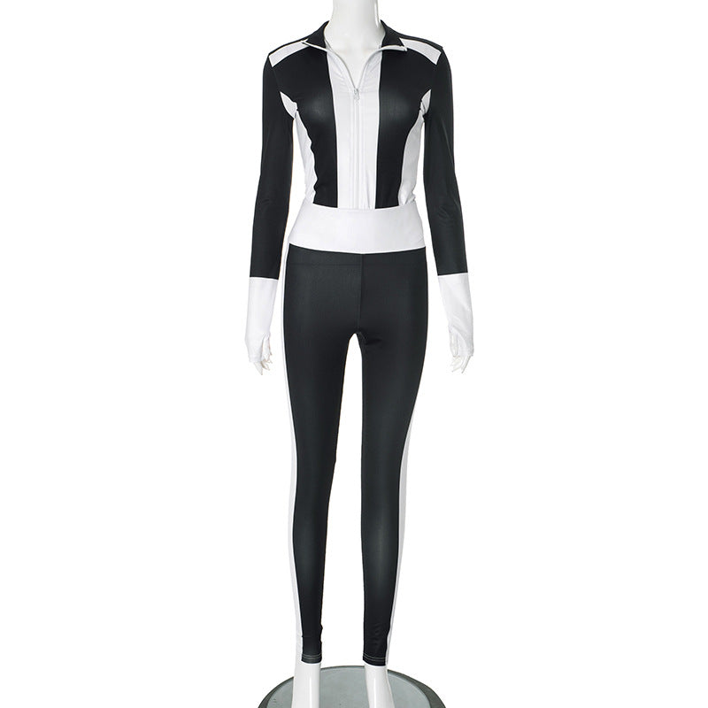 Women Sporty Casual Long-Sleeved Contrast Color Top and Pant Two-Piece Set 5