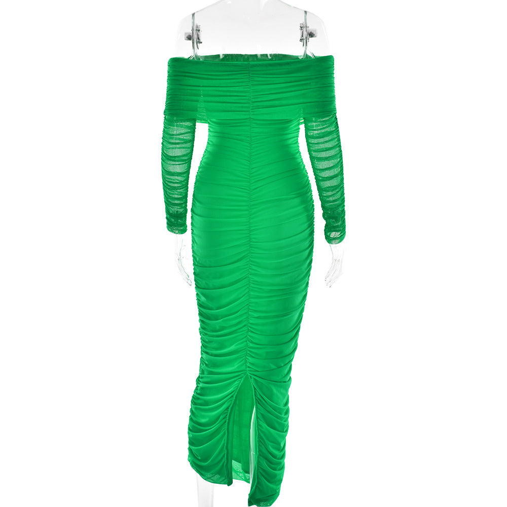 Women Autumn Bodycon Sexy Mesh Off Shoulder Gathered Dress 11