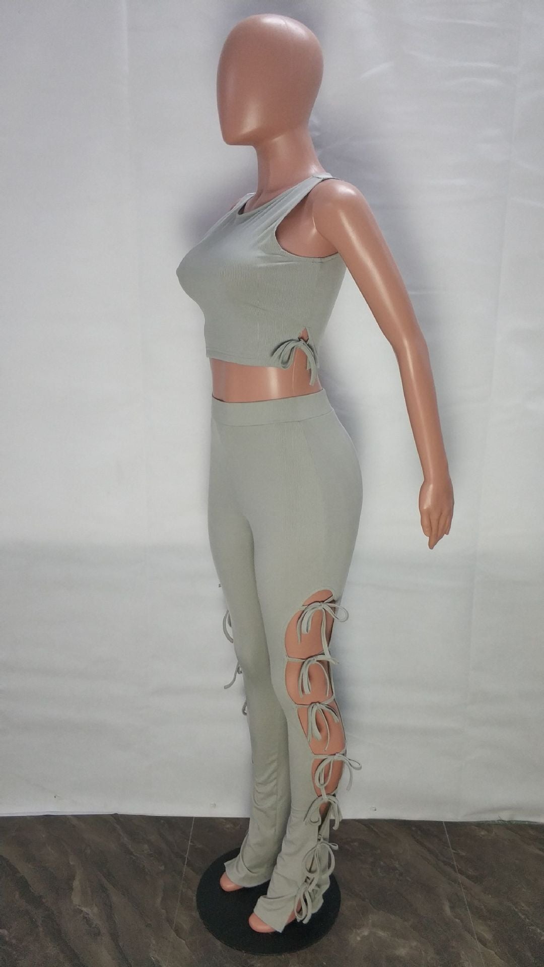 Women's Fashion Summer Style Cutout Tie Solid Color Ribbed Sleeveless Two-Piece Pants Set 21