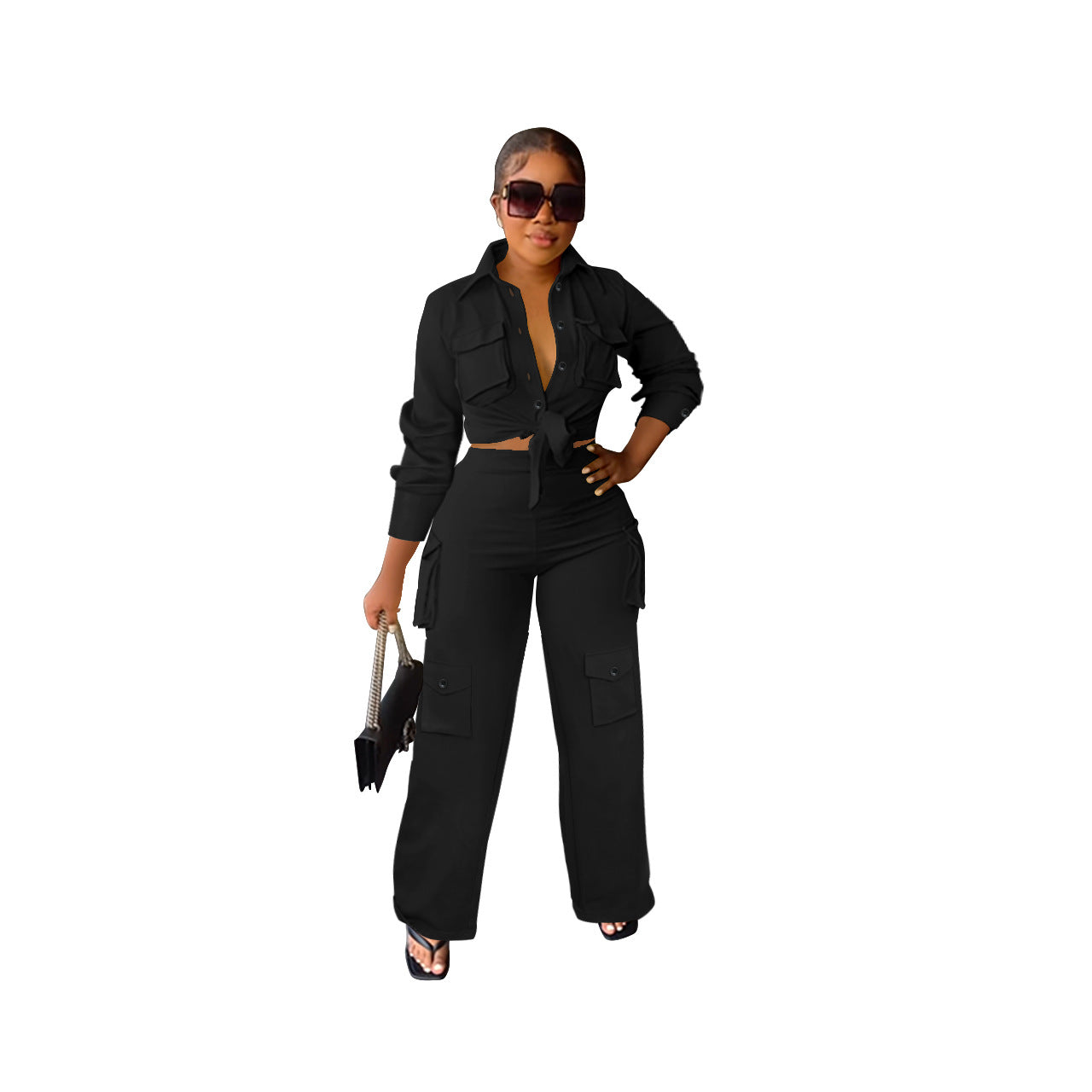 Women Cargo Long Sleeve Top and Wide Leg Pants Solid Two-Piece Set 13