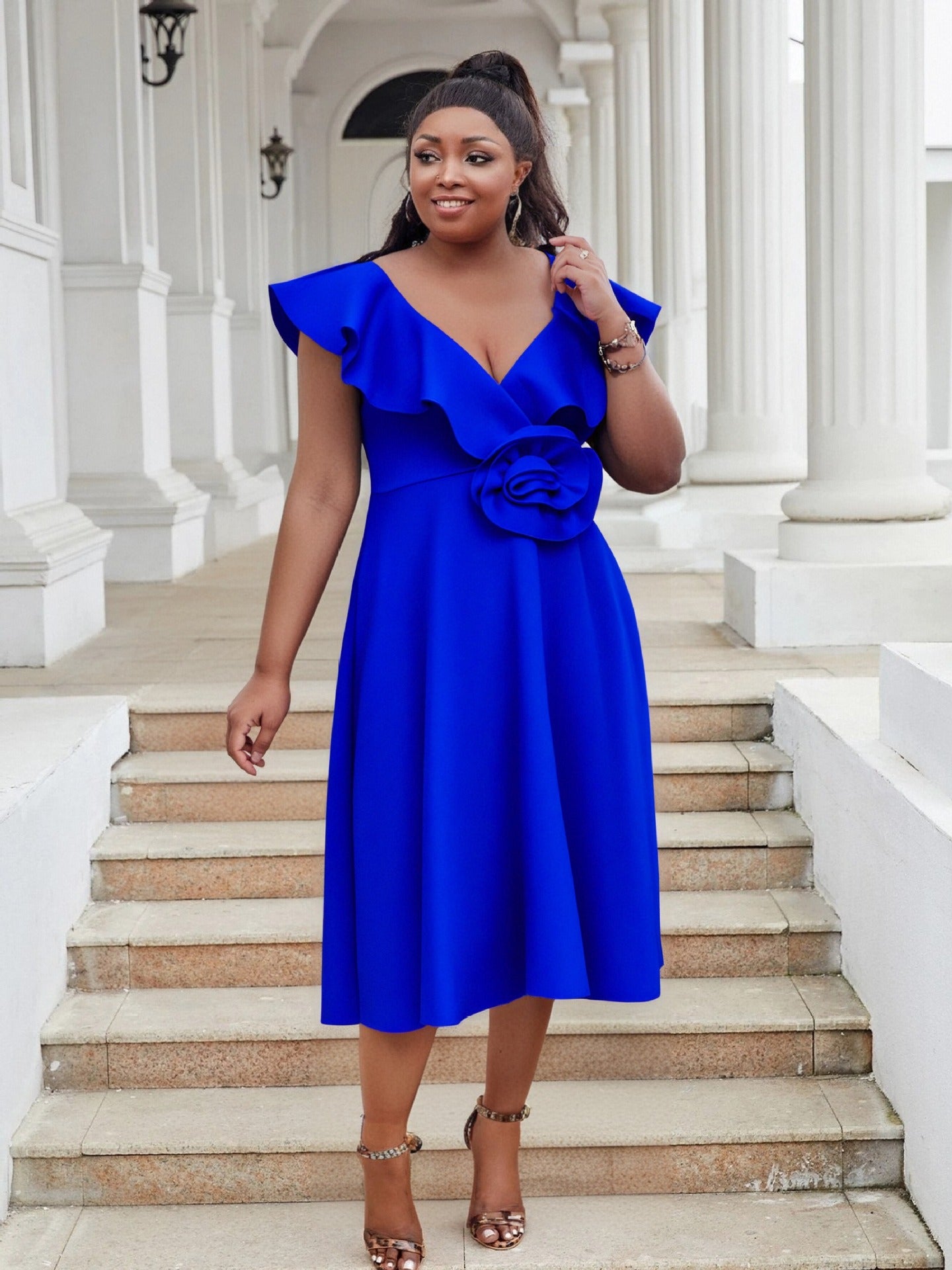 Women Plus Size V-Neck Ruffle Flower Formal Party Dress 6