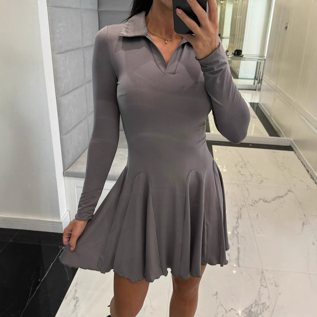 Women Fall Solid Long Sleeve Turndown Collar Ruffle Dress 5