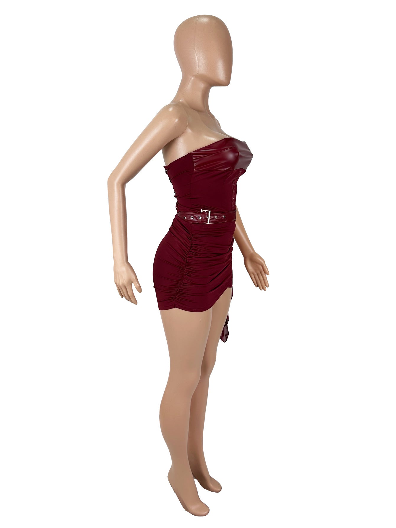 Women Sexy Pu-Leater Lace-Up Strapless Top and Skirt Two-piece Set 9