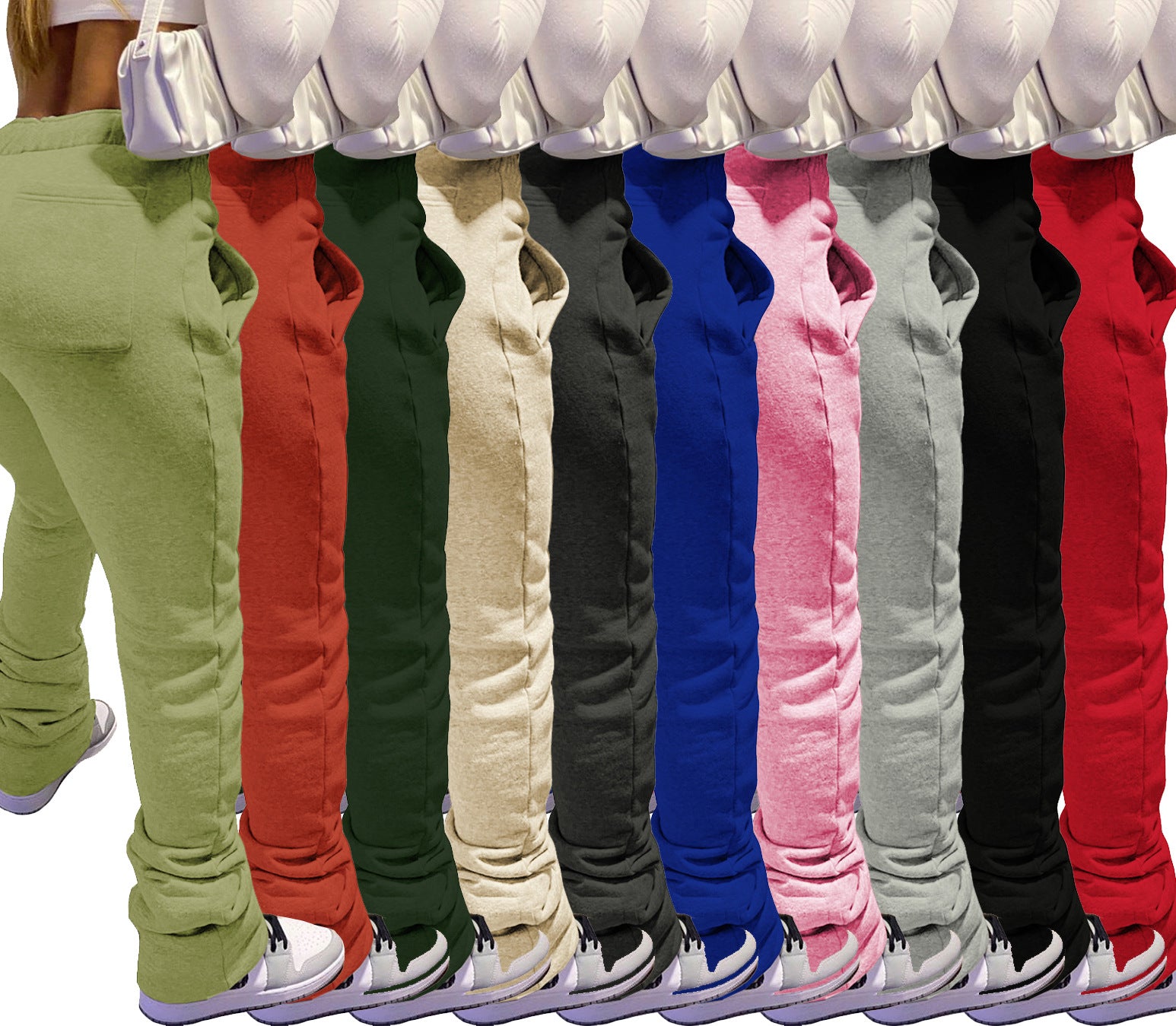 Women Fleece Sports Casual Drawstring Pockets Stacked Pant 12