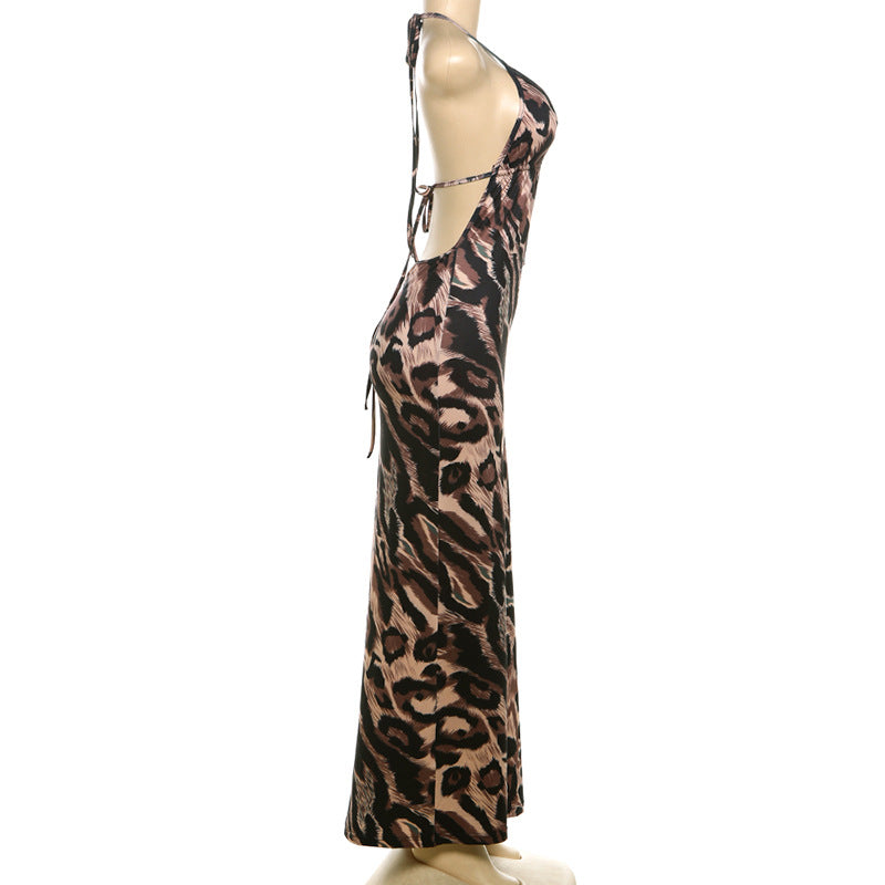 Summer Women's Fashion Sexy Halter Neck Lace-Up Low Back Leopard Print Long Dress 7