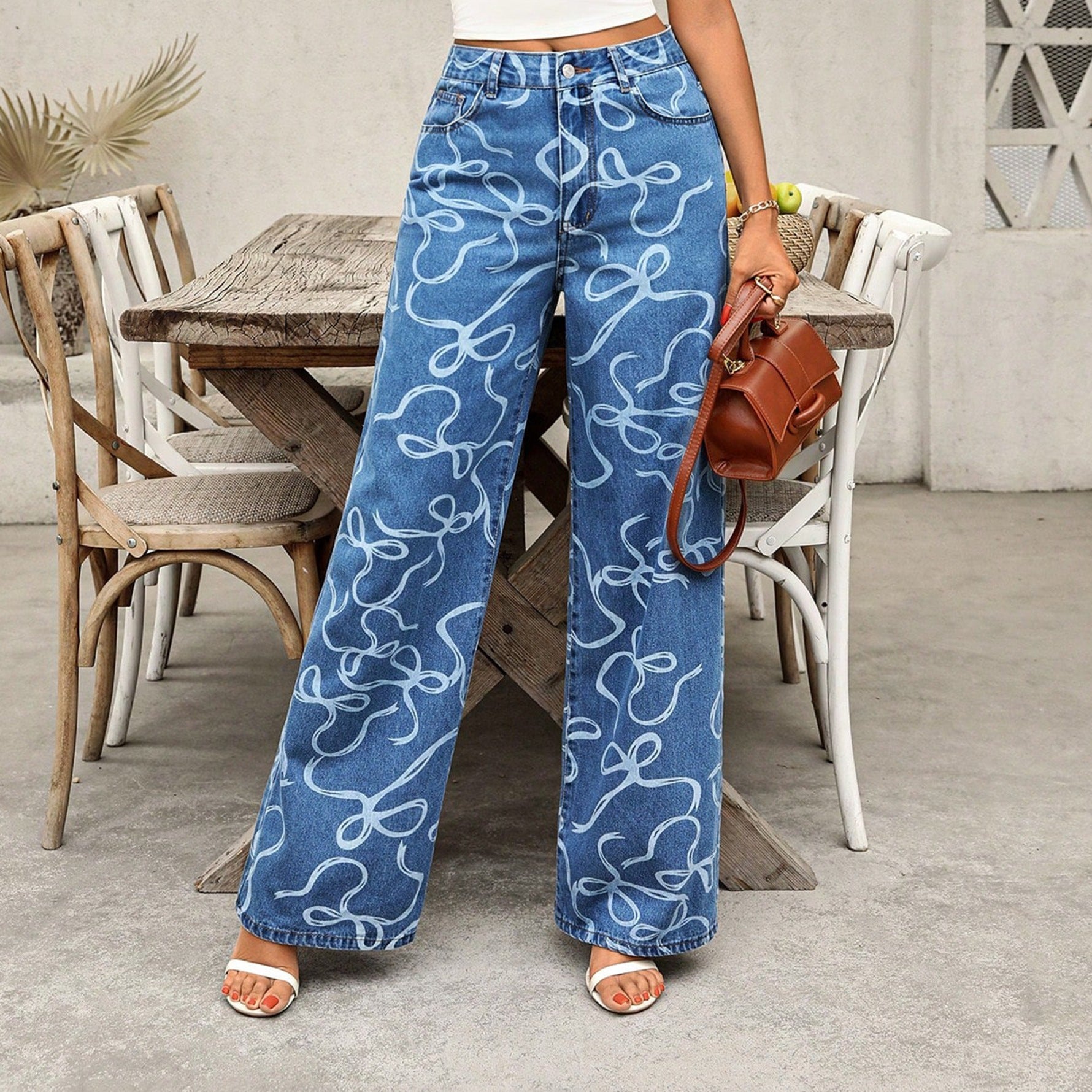 Women Casual Printed Denim Wide-Leg Pants 3