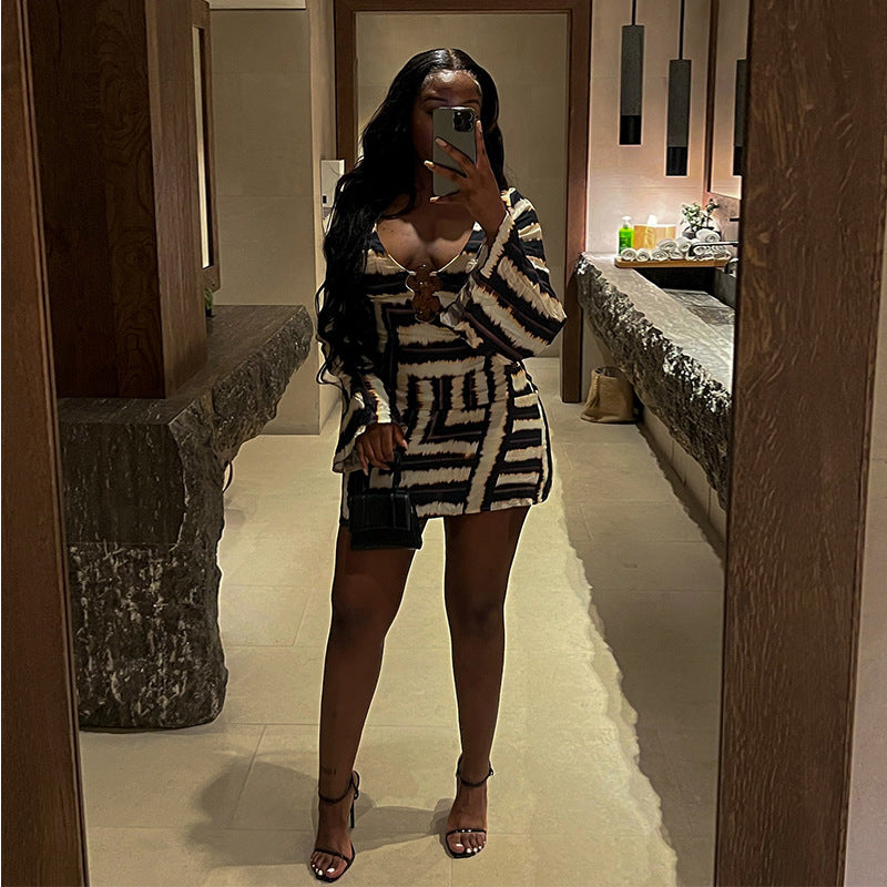 Women autumn round neck long sleeve striped print dress 4