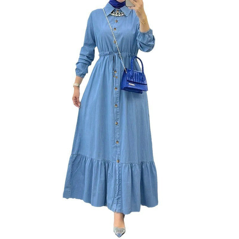 Muslim Ladies Solid Color Elegant Denim Dress 9