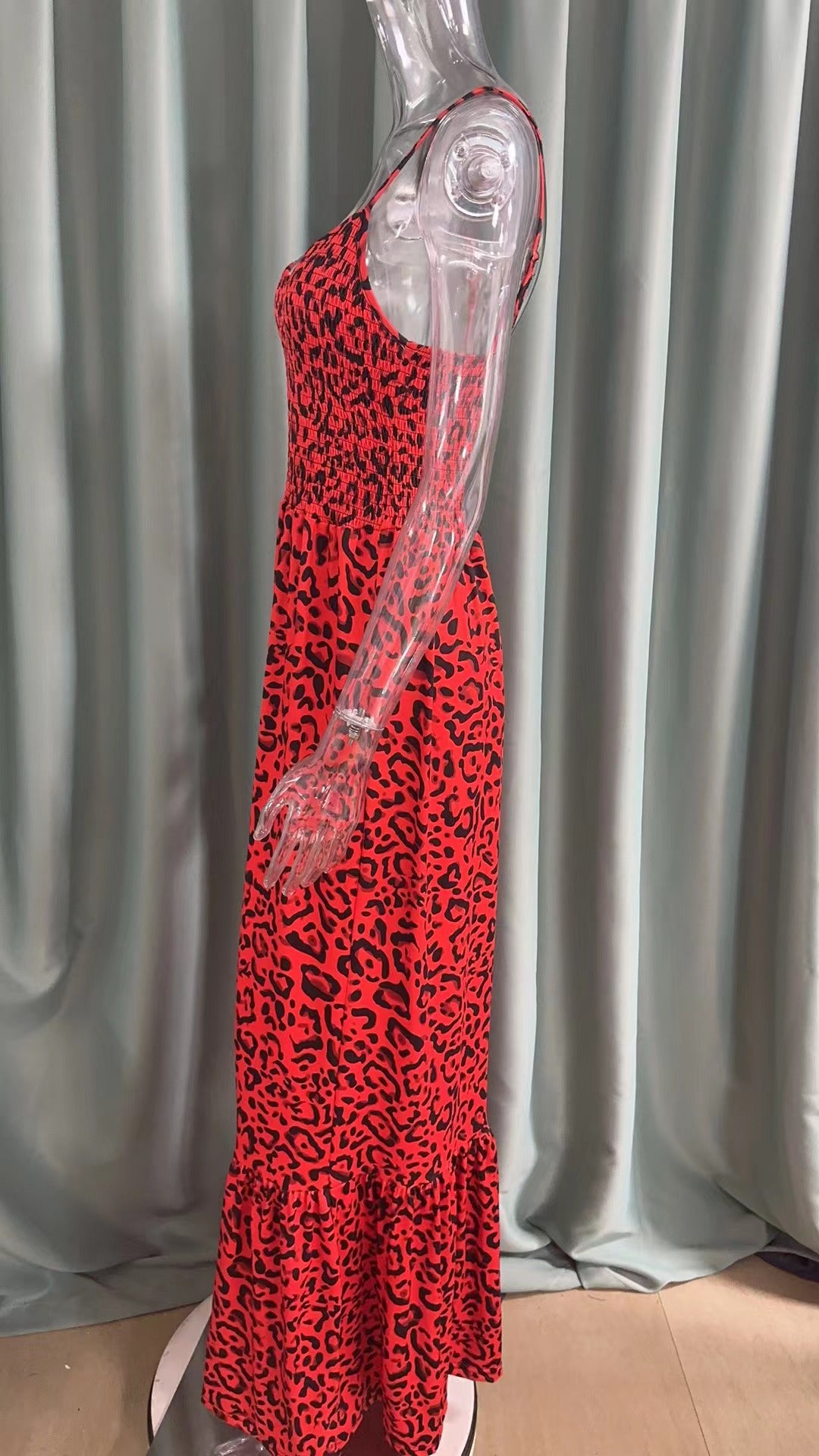 Summer Leopard Print V Neck Dress High Waist Sexy Chic Fashion Long Dress 20