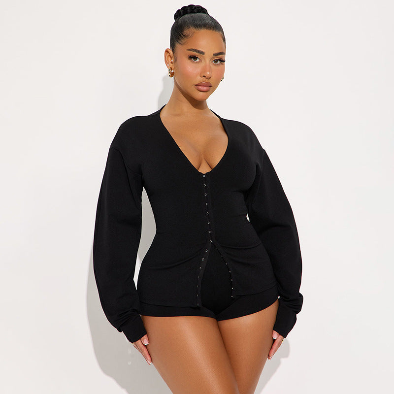 Women's Autumn Winter Round Neck Buttons Slim Waist Long Sleeve Top Shorts Set 11