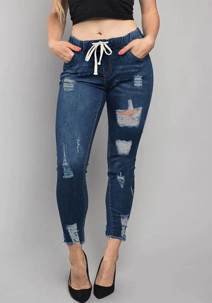 Women's Elastic Waist Ripped Denim Pants Women's Mid Rise Tie Slim Fit Stretch Tight Jeans