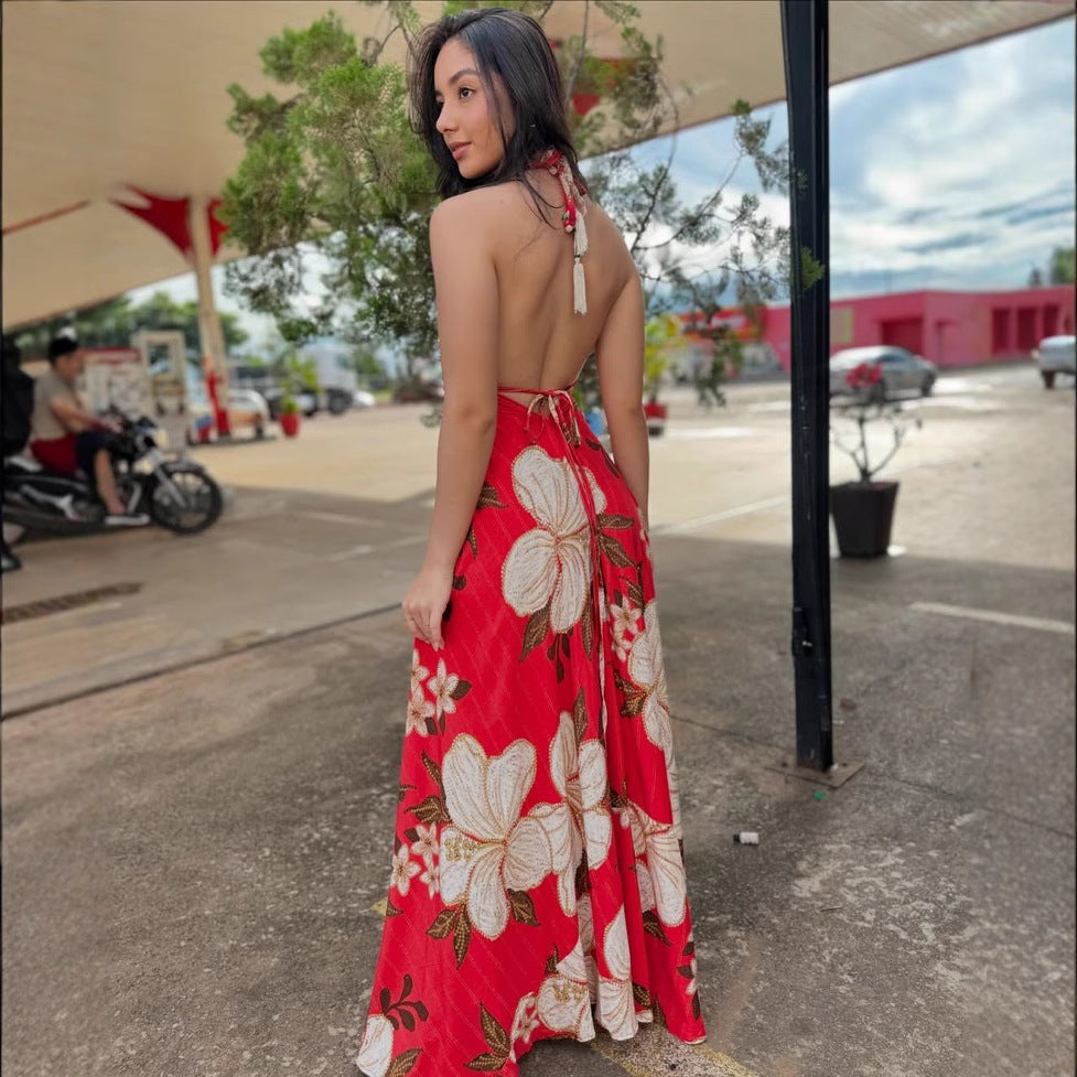 Women Spring/Summer Off-The-Shoulder V-Neck Strappy Print Dress 6