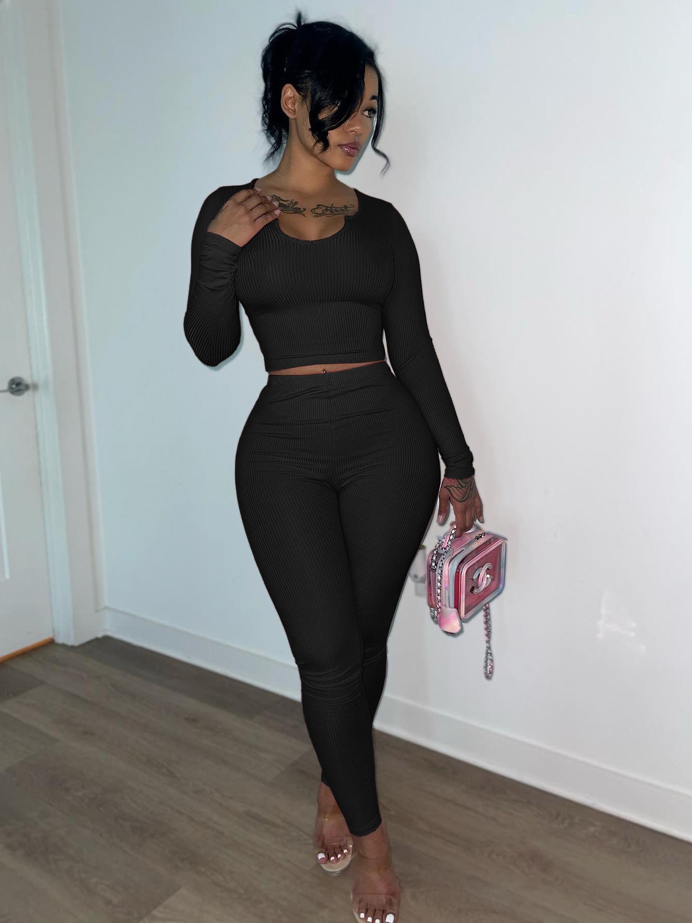 Women Autumn Rib Long Sleeve Top and Pants Two-piece Set