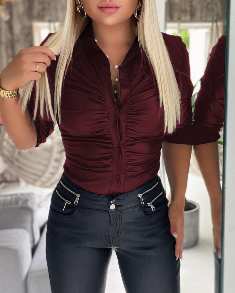 Women Long Sleeve Turndown Collar Shirt 4