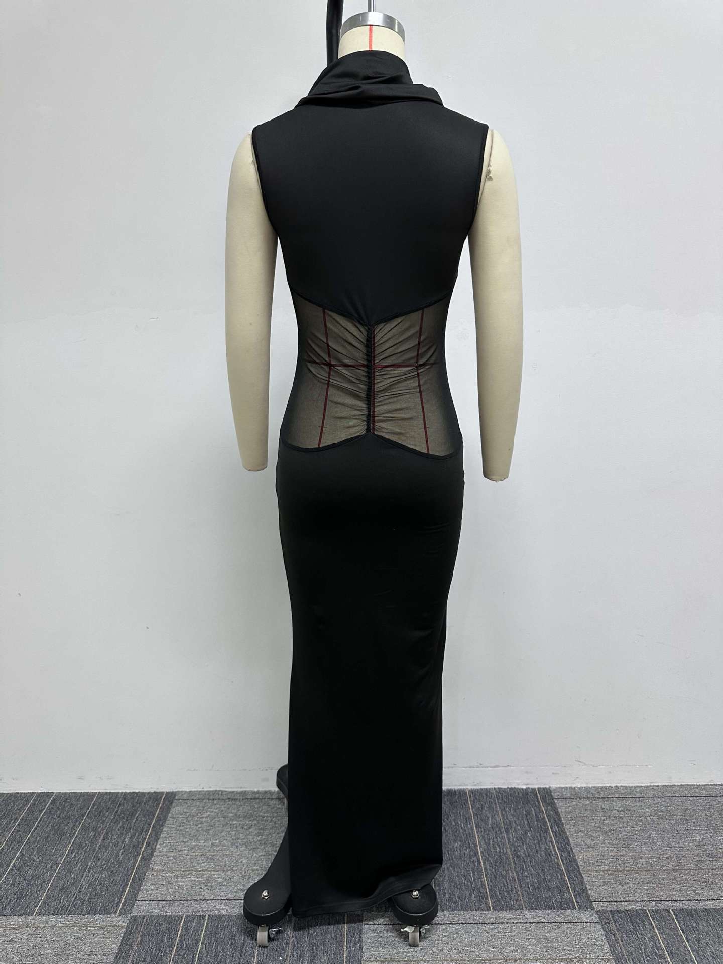 Sexy Turtleneck Sleeveless Stretch Mesh Patchwork See-Through Tight Fitting Long Dress 9