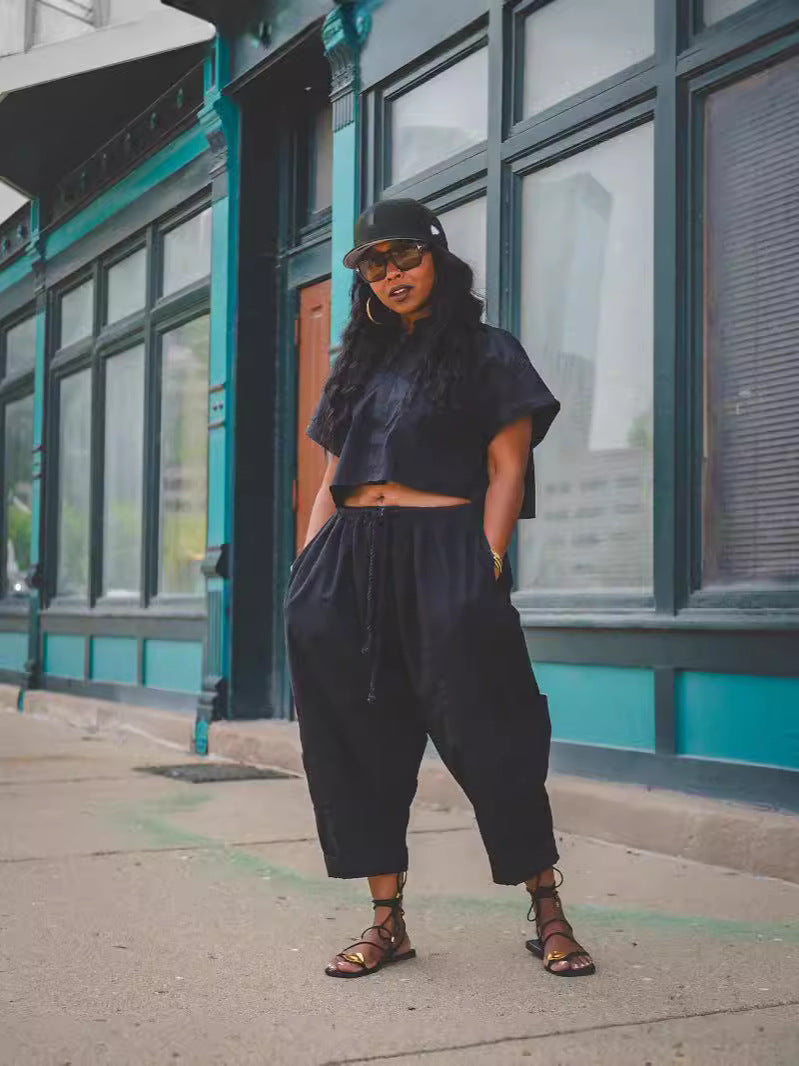 Summer women's fashion loose wide-leg cargo pants turndown collar top casual two-piece set 5