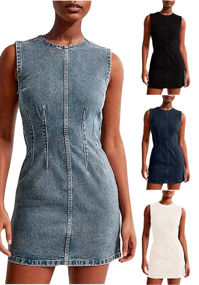 Women Fashion Summer Round Neck Sleeveless Bodycon Denim Dress