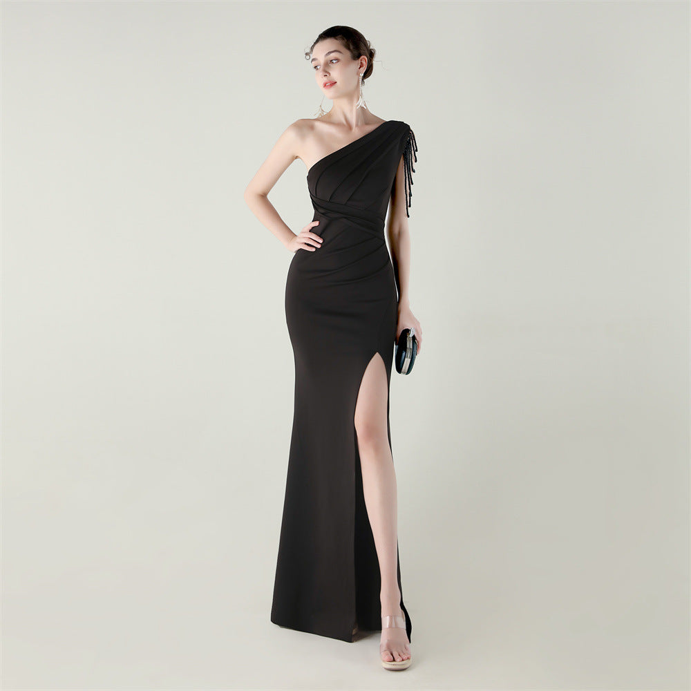 Women strapless satin pleated fishtail slit evening dress 16
