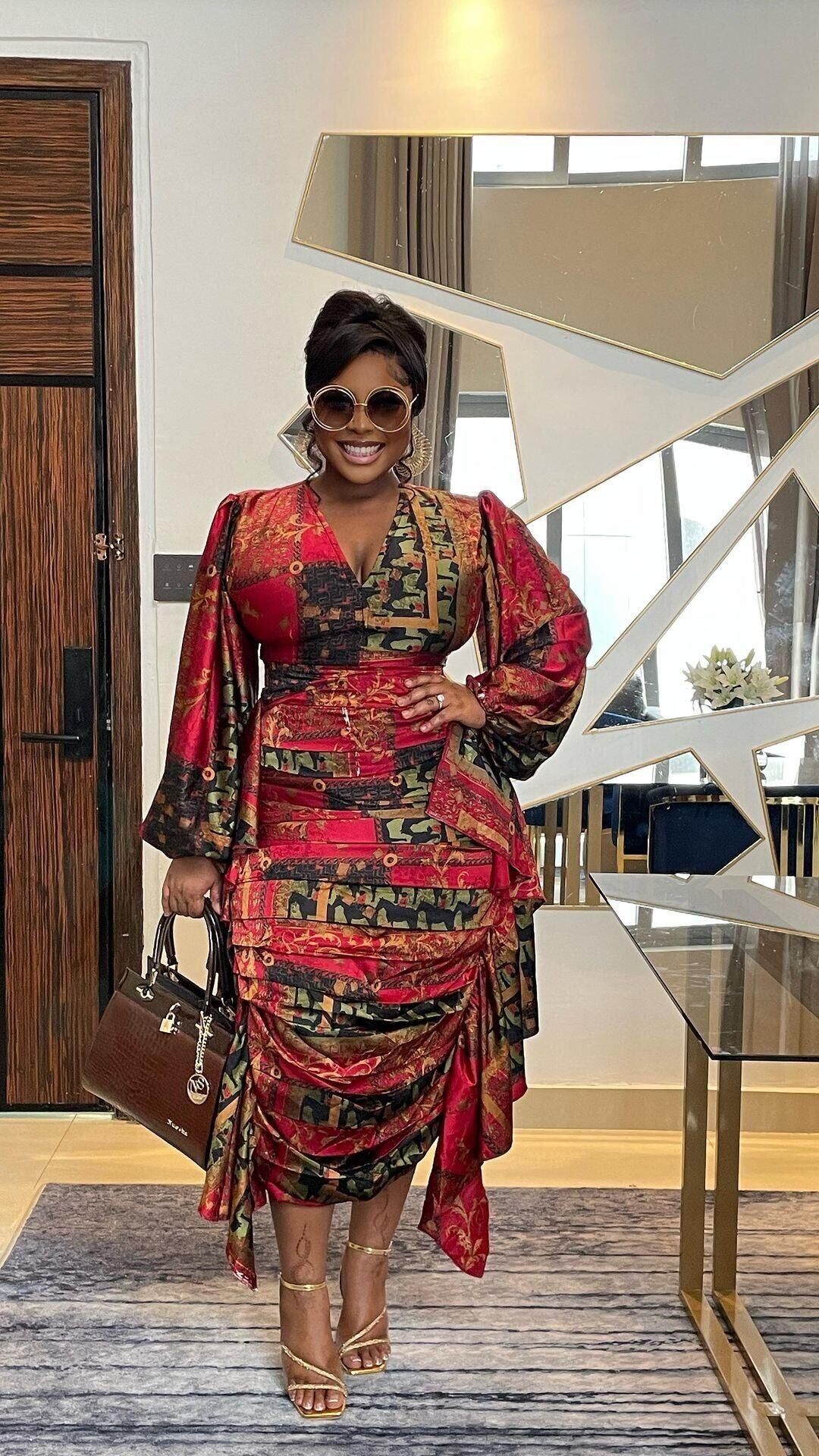 Sexy Printed Ruffled Balloon Sleeve Slim Long Sleeve Bodycon Dress 9