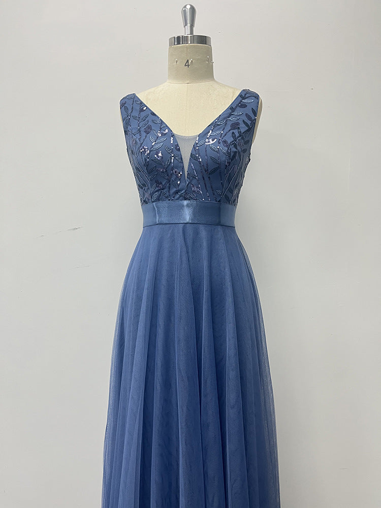 Patchwork Elastic Waist Sleeveless Double V Neck Evening Gown with Embroidered Tulle Elegant Long Swing Party Dress 14